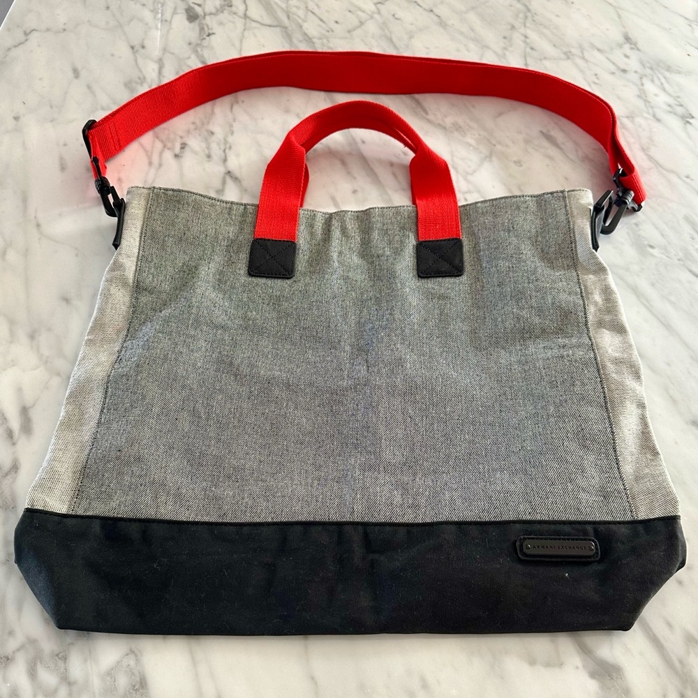 Armani Exchange Canvas Tote, Gray/Black with Red Handles and Strap, Like New